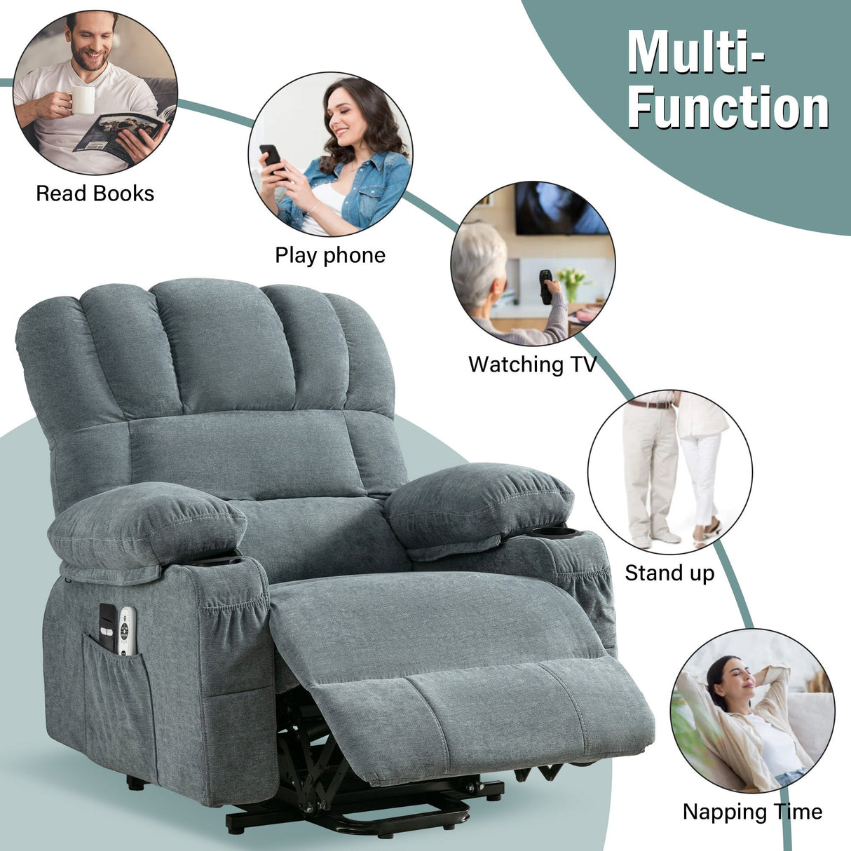 Power Electric massage lift lounge chair, suitable for the elderly, with heating and vibration functions, with USB, can be used for lying down. BLUE