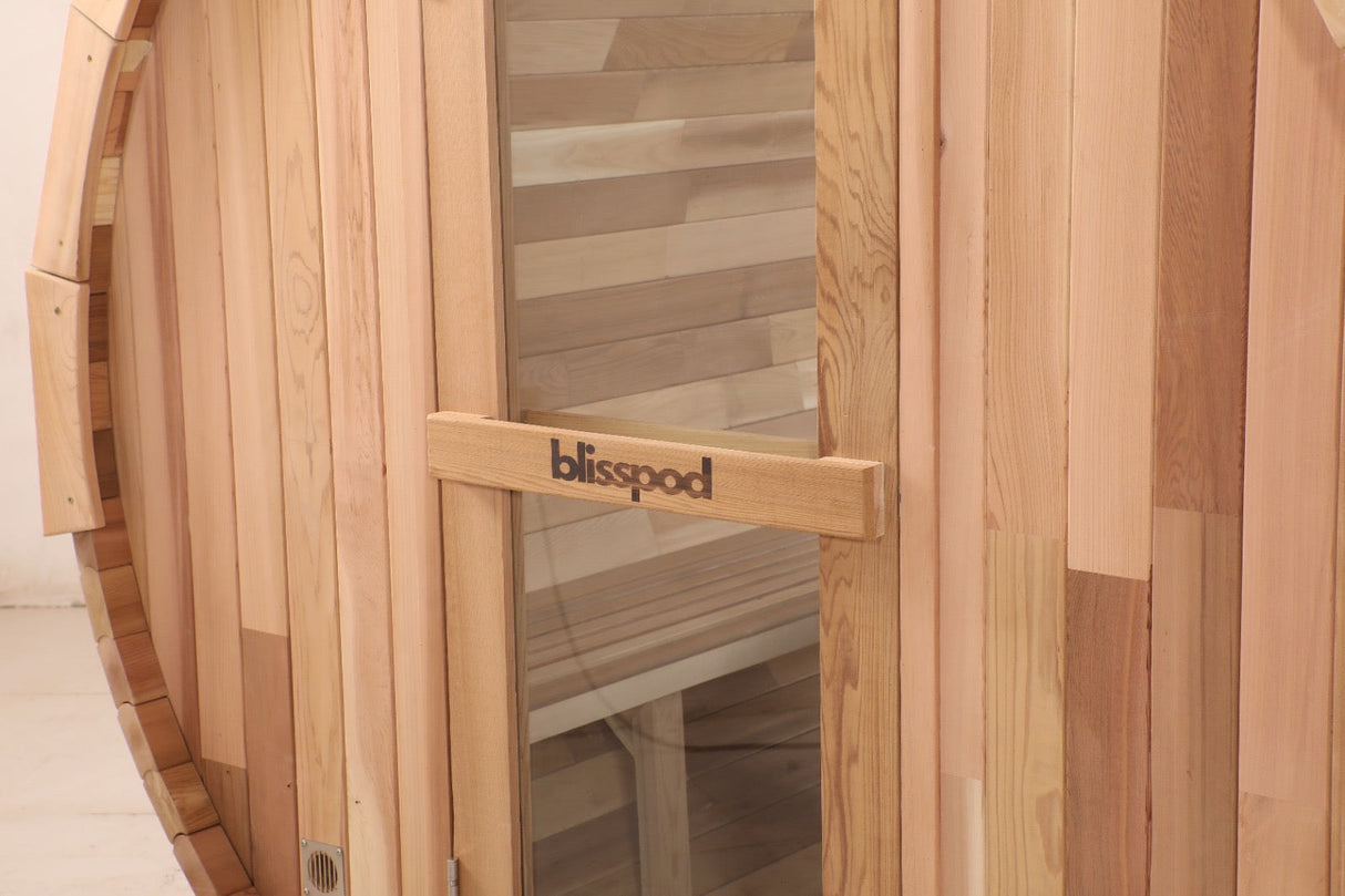 Blisspod | Prague | Canadian Red Cedar Outdoor Steam Barell Sauna | Full Glass Back 4-6 person
