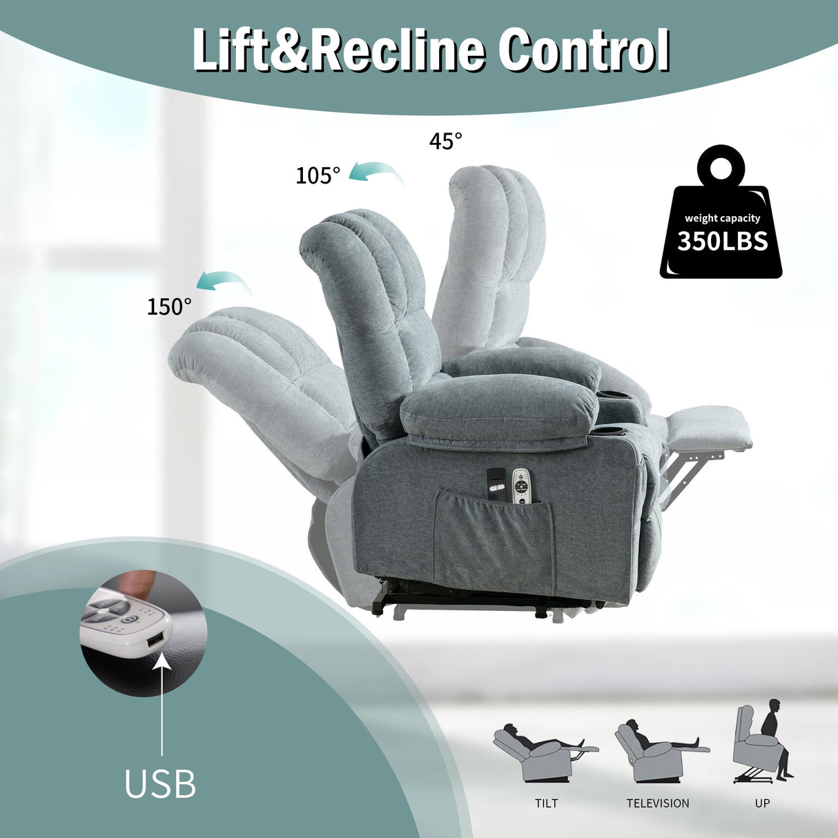 Power Electric massage lift lounge chair, suitable for the elderly, with heating and vibration functions, with USB, can be used for lying down. BLUE