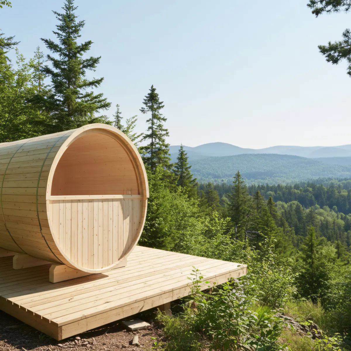 Turku, 6-Person, 2-Tier Finnish Barrel Sauna w/ Terrace and Heater