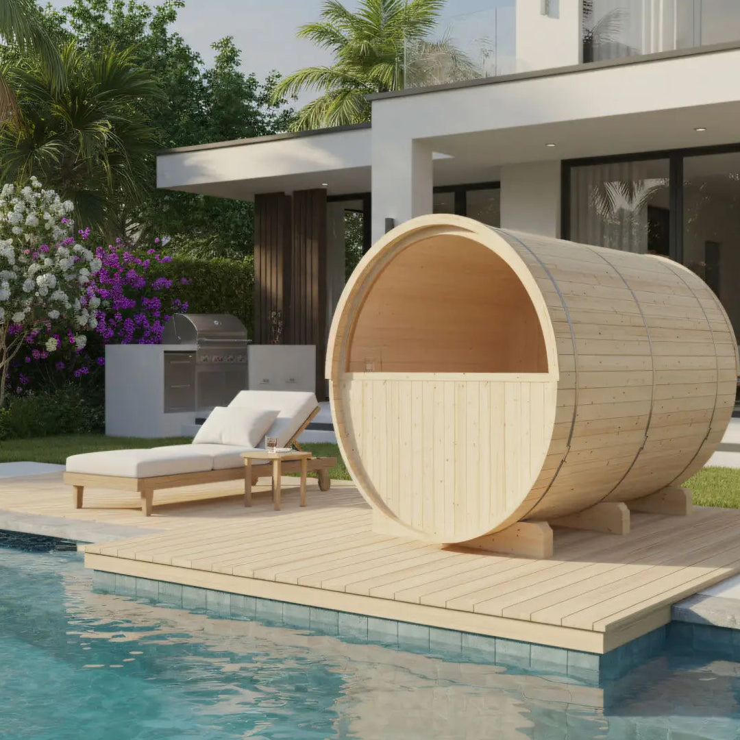 Turku, 6-Person, 2-Tier Finnish Barrel Sauna w/ Terrace and Heater