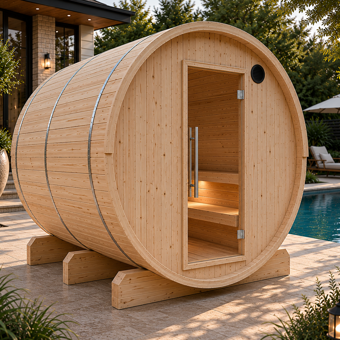 Tampere 4-Person 2 Tier Finnish Barrel Sauna with WiFi Heater - By Finnish Sauna Builders