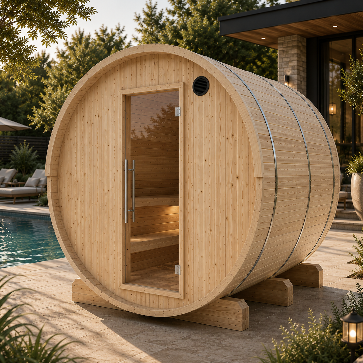 Tampere 4-Person 2 Tier Finnish Barrel Sauna with WiFi Heater - By Finnish Sauna Builders