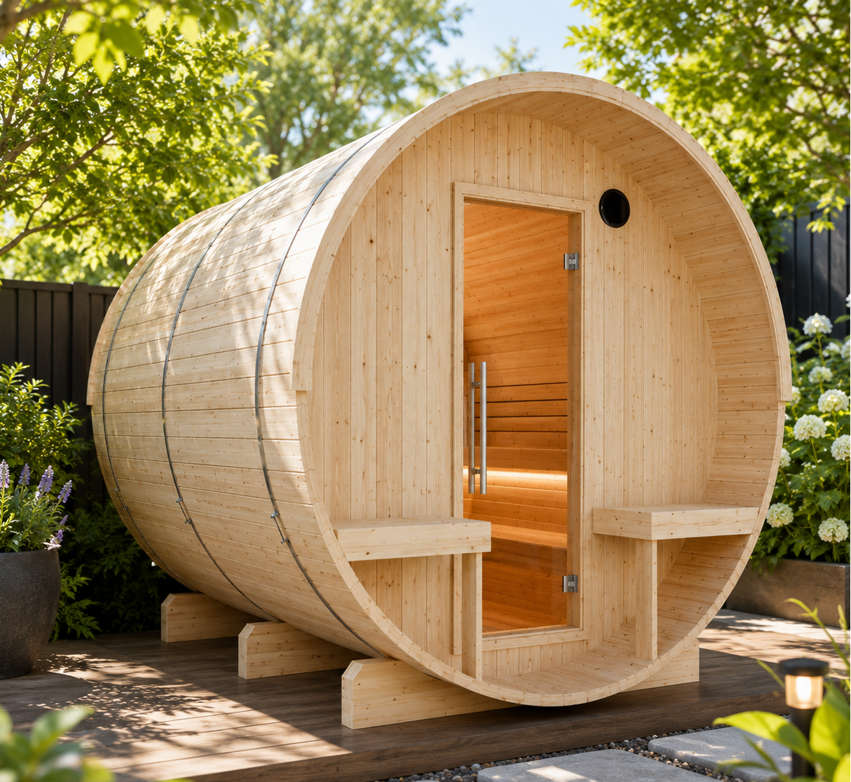 Turku, 6-Person, 2-Tier Finnish Barrel Sauna w/ Terrace and Heater