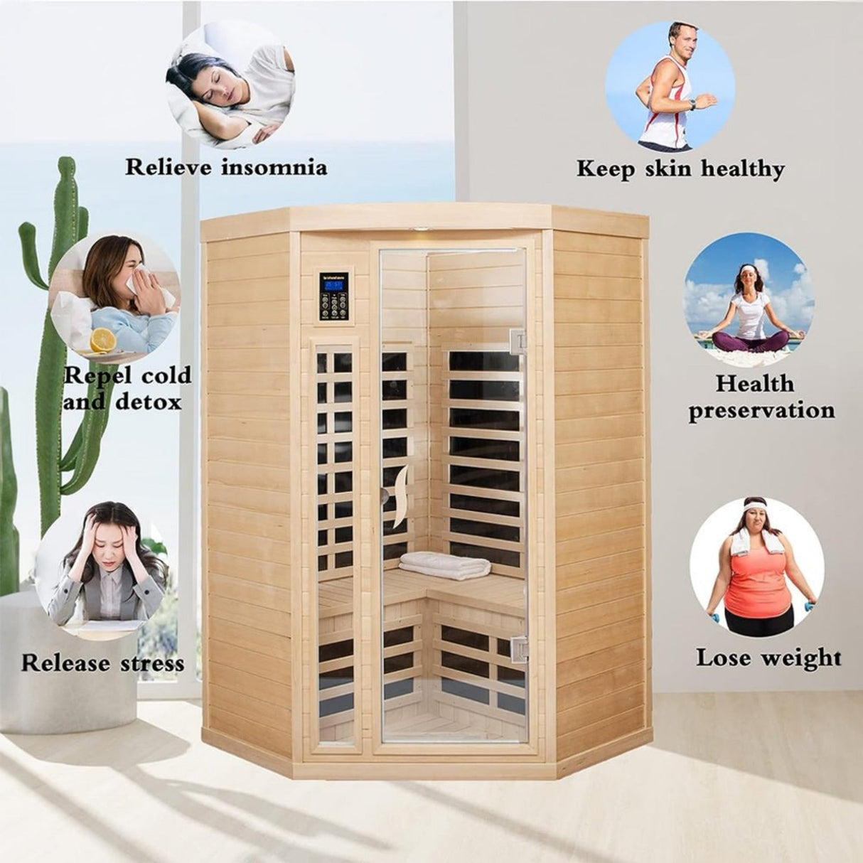 Thermora Premium 2-Person Corner Space Infrared Wooden Sauna Room With Bluetooth Speakers, 1600W (SAK81524)