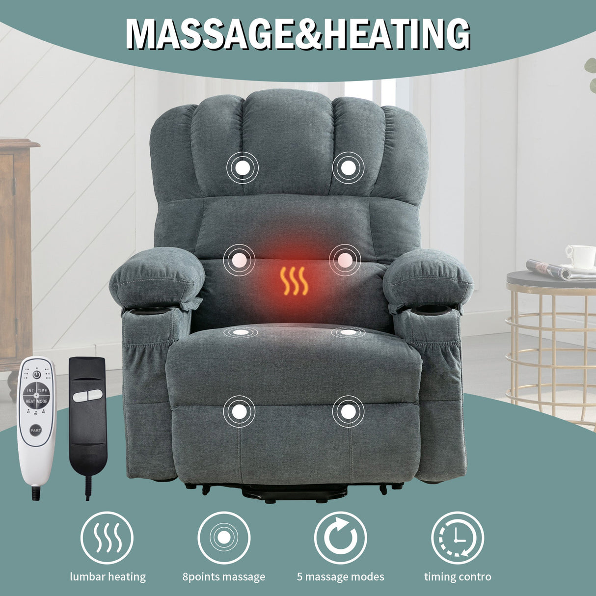 Power Electric massage lift lounge chair, suitable for the elderly, with heating and vibration functions, with USB, can be used for lying down. BLUE