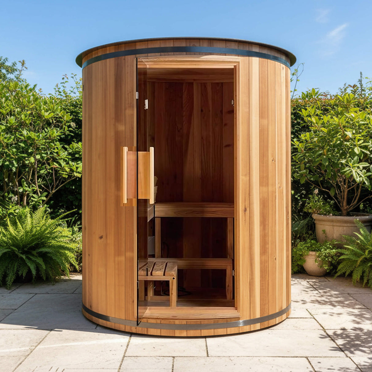 Thermora Barcelona 78-Inch 4-Person Cedar Wood Outdoor Vertical Barrel Sauna With 6KW Heater, LED Lights And Stones (SAK74813)