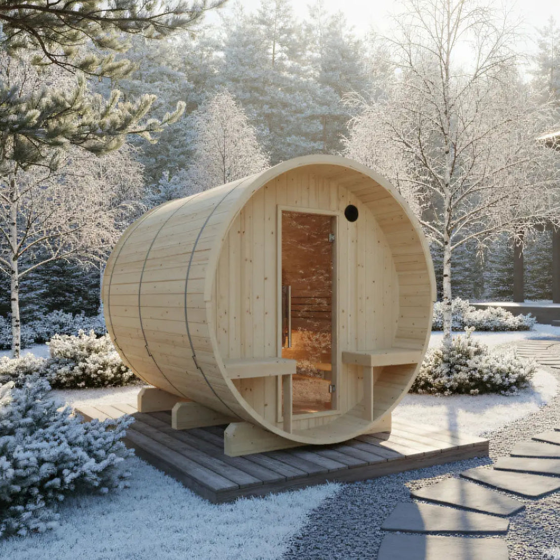 Turku, 6-Person, 2-Tier Finnish Barrel Sauna w/ Terrace and Heater