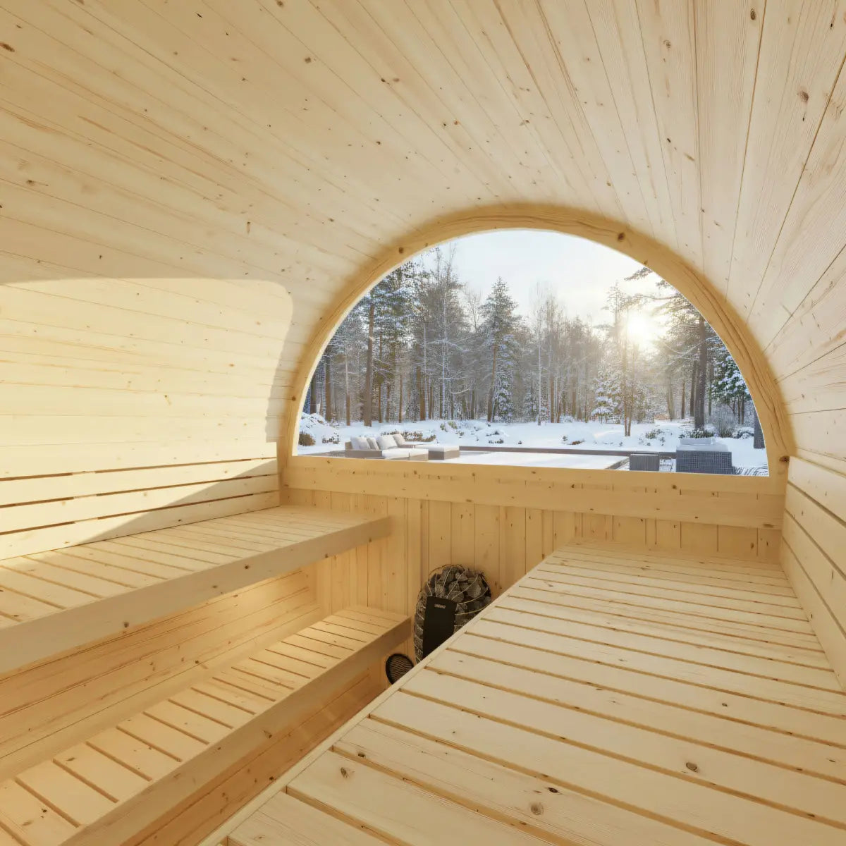 Turku, 6-Person, 2-Tier Finnish Barrel Sauna w/ Terrace and Heater